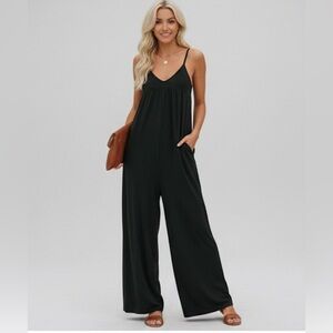 Boho Wide Leg Cami Jumpsuit With Pockets Black